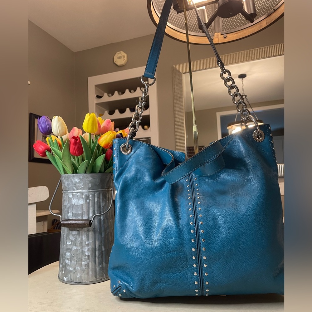 *COA* EUC Michael Kors Turquoise Blue Leather Studded Tote Bag
